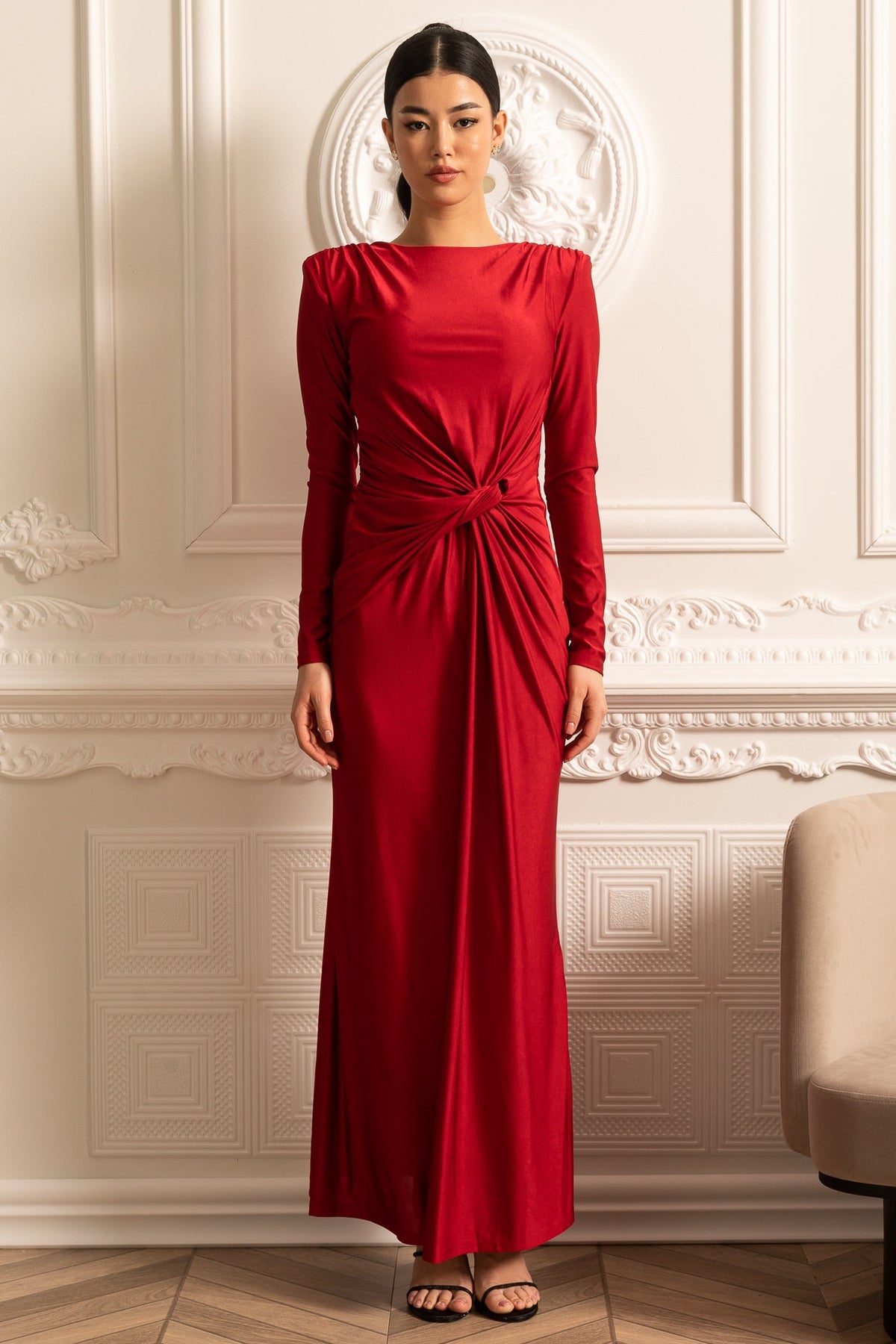Satin Long Sleeve Twisted Waist Draped Maxi Dress - View 3