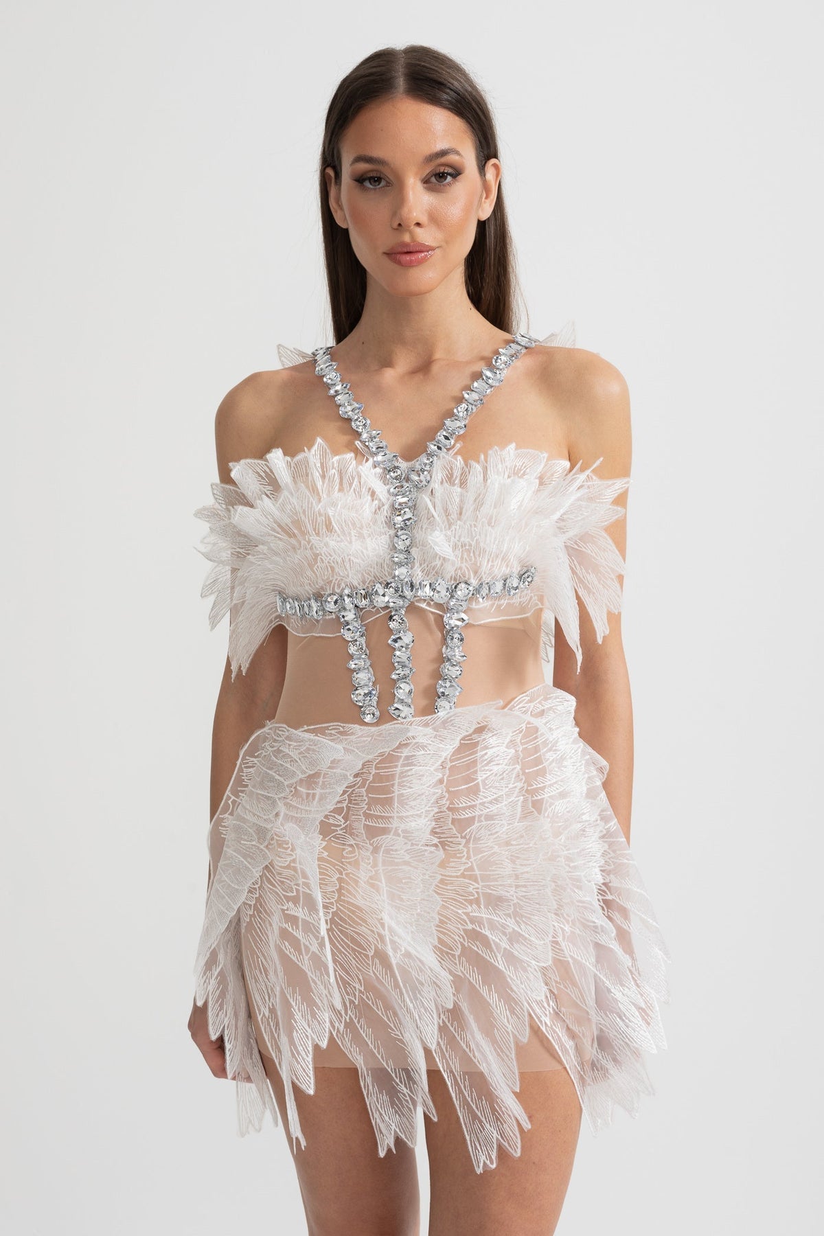 Crystal Wing Applique Mesh Sheer Waist Strapless Mini Dress