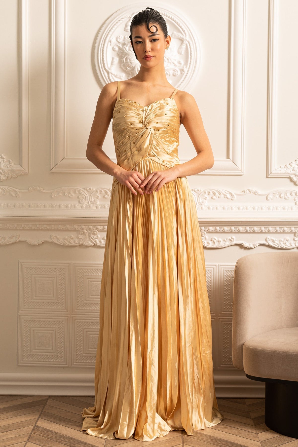 Spaghetti Strap Sweetheart Rhinestone Draped Bodice Maxi Gown - View 5