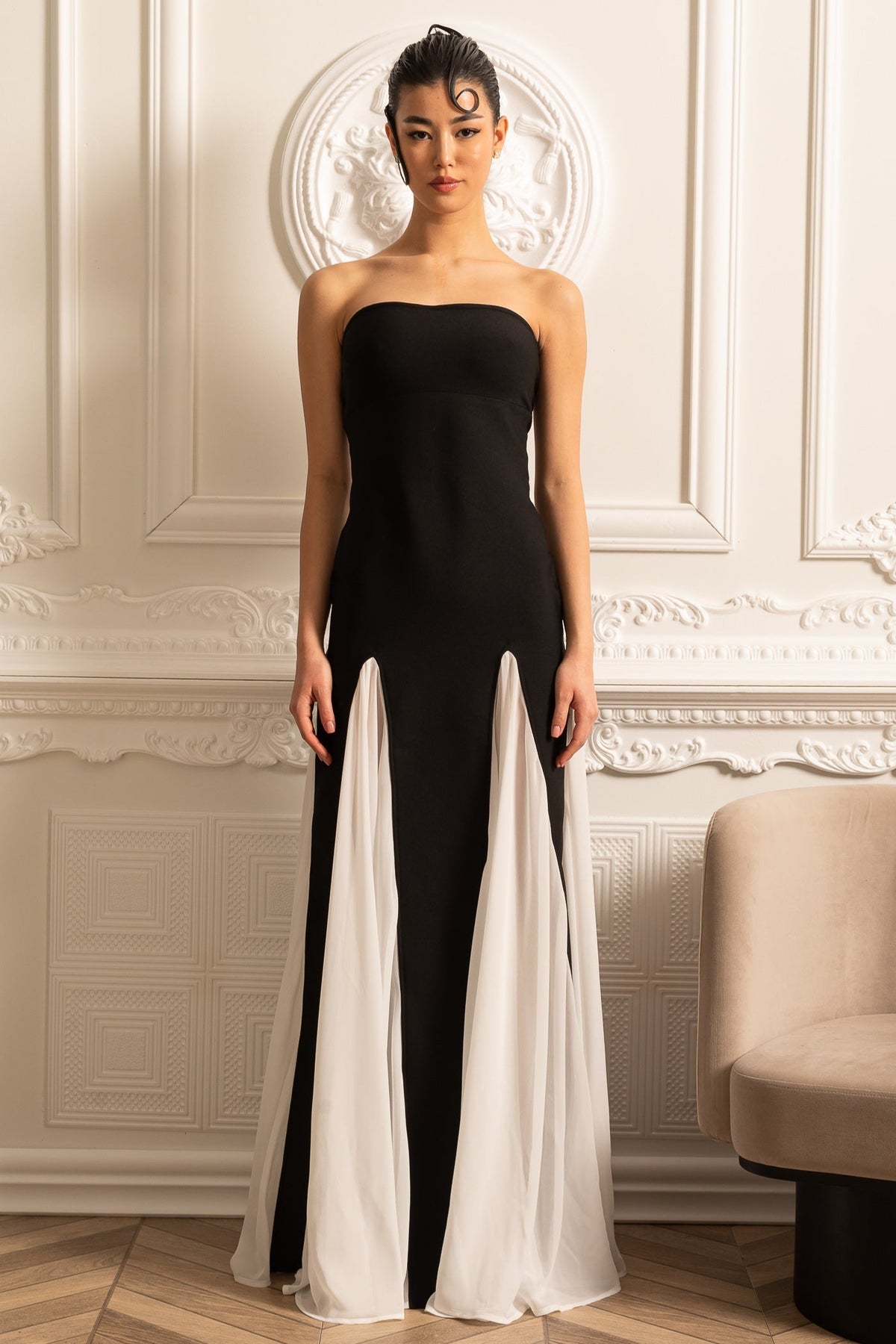 Strapless Chiffon Godet Panel Insert Column Maxi Gown