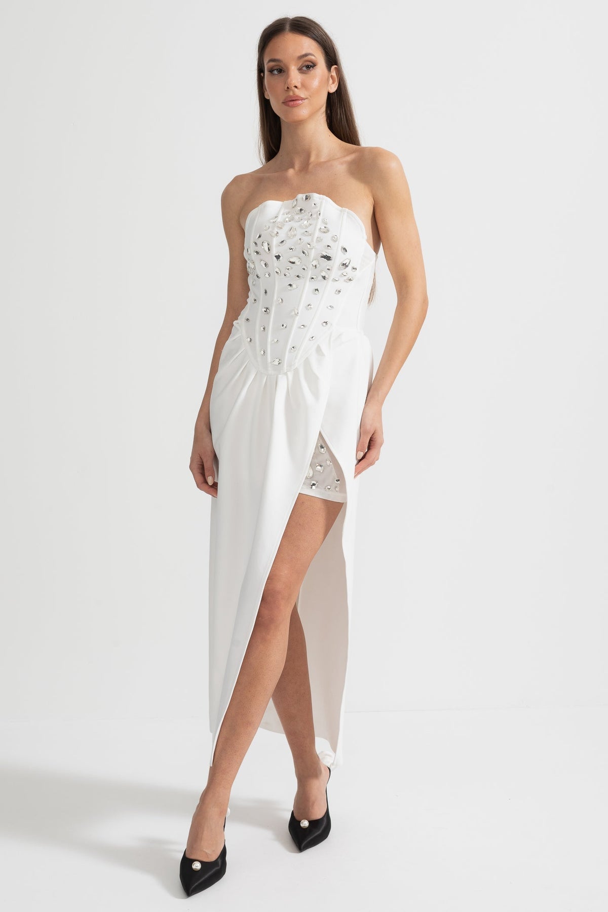 Strapless Corset Rhinestone Draped Wrap High Split Maxi Gown
