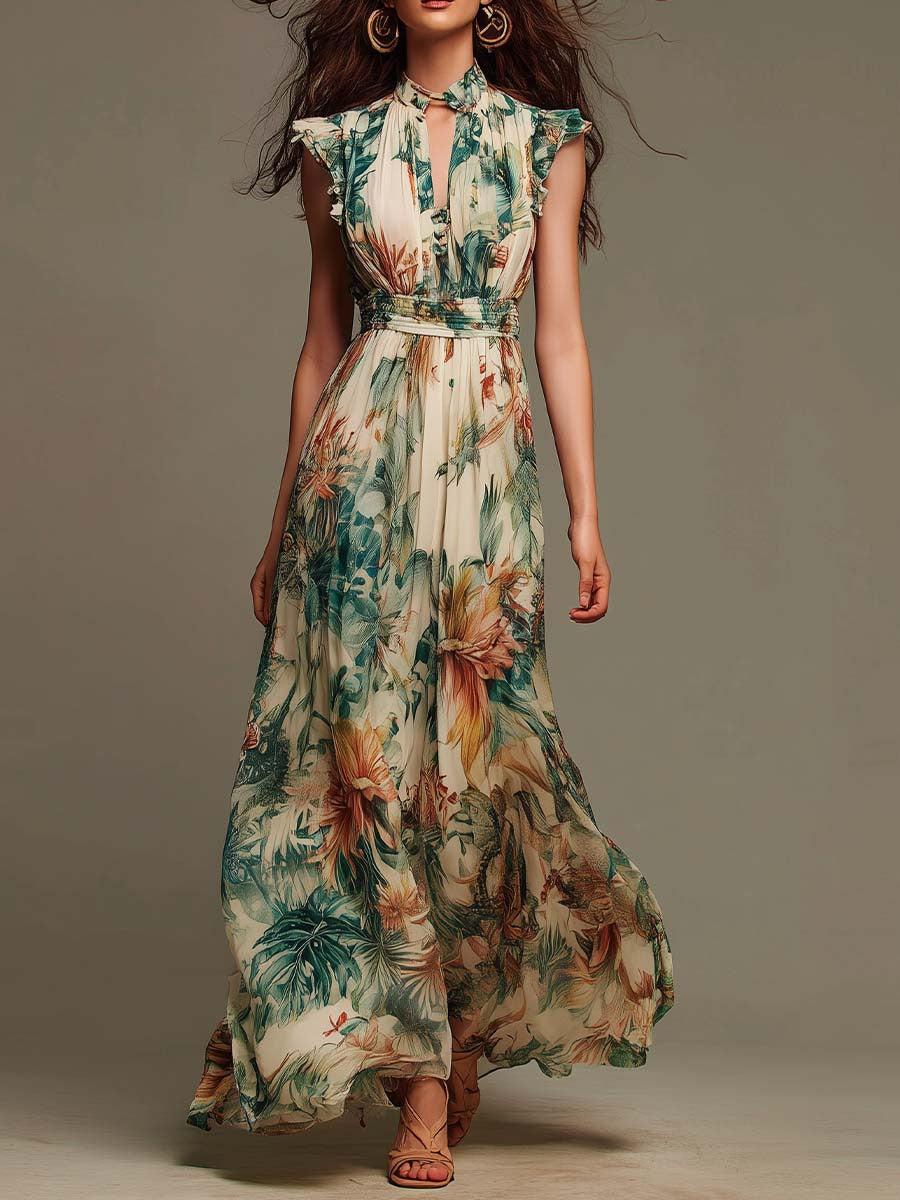Tropical Floral Ruffle Cap Sleeve Belted Maxi Dress