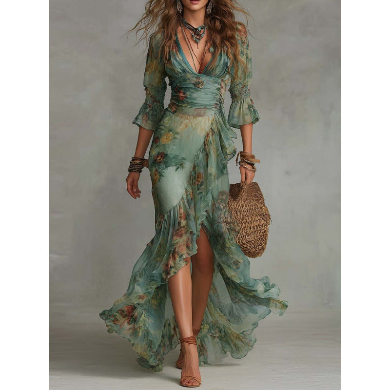 Deep V-Neck Long Sleeve Floral Ruffle High Low Wrap Maxi Dress