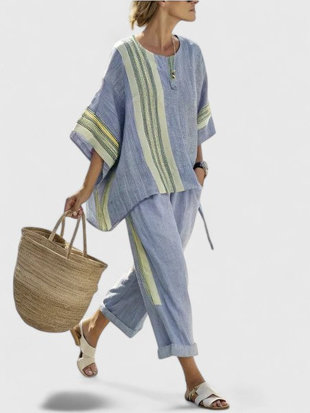 Striped Short Sleeve Top and Wide Leg Pants Two Piece Set 5