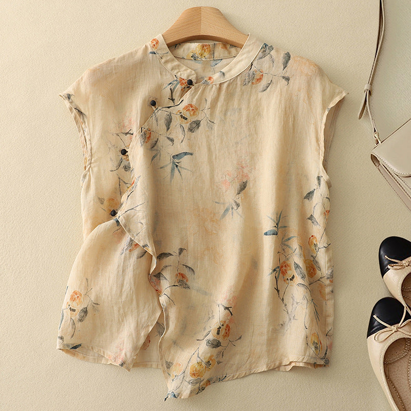 Floral Stand Collar Cap Sleeve Buttoned Top