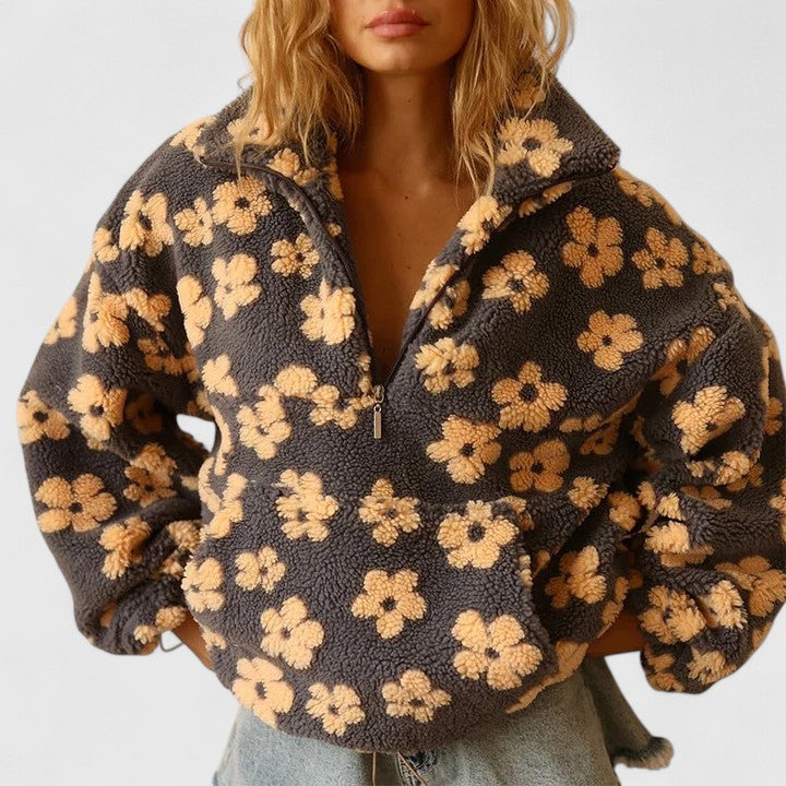 Floral Sherpa Fleece Half Zip Pullover Sweatshirt