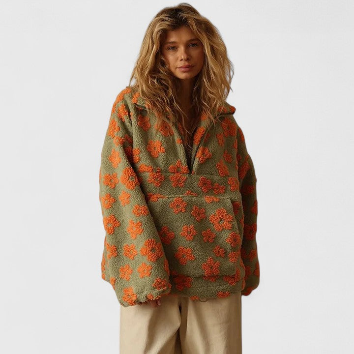 Floral Sherpa Fleece Half Zip Pullover Sweatshirt 3