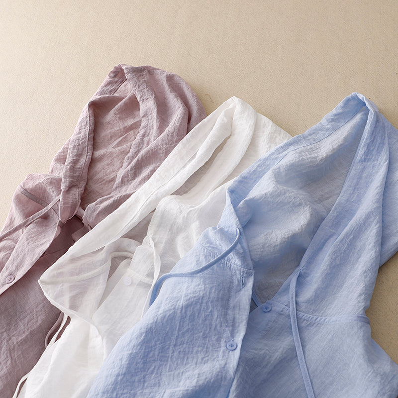 Hooded Button Front Long Sleeve Linen Shirt 2