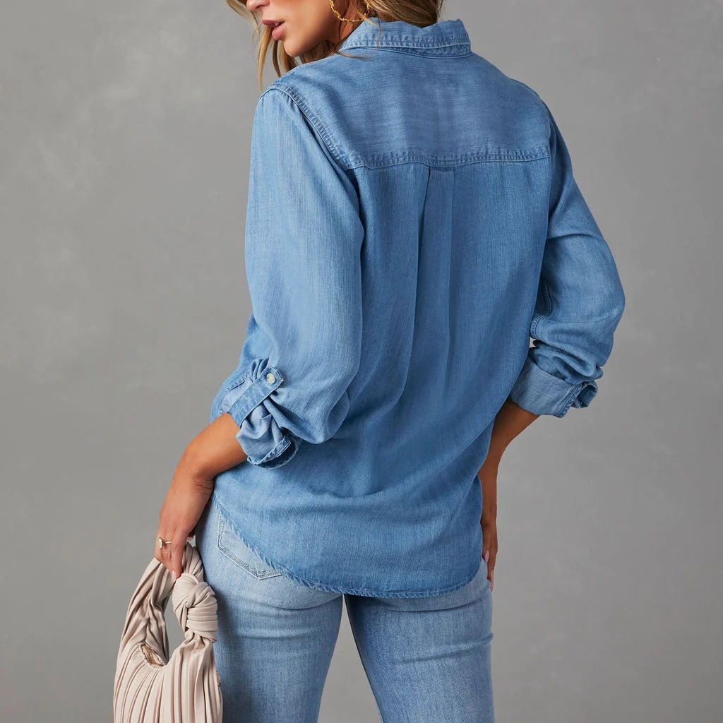 Denim Look Collared Button Front Long Sleeve Shirt 2