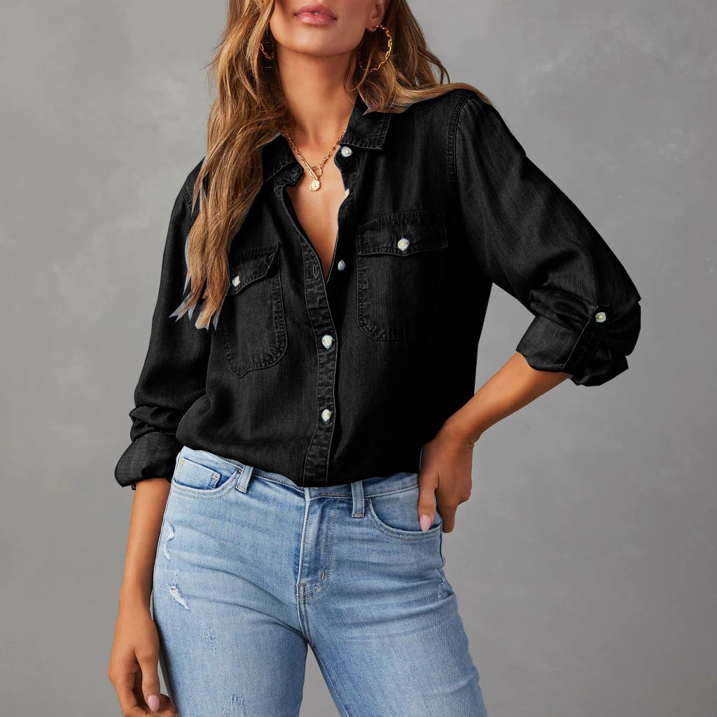 Denim Look Collared Button Front Long Sleeve Shirt 4