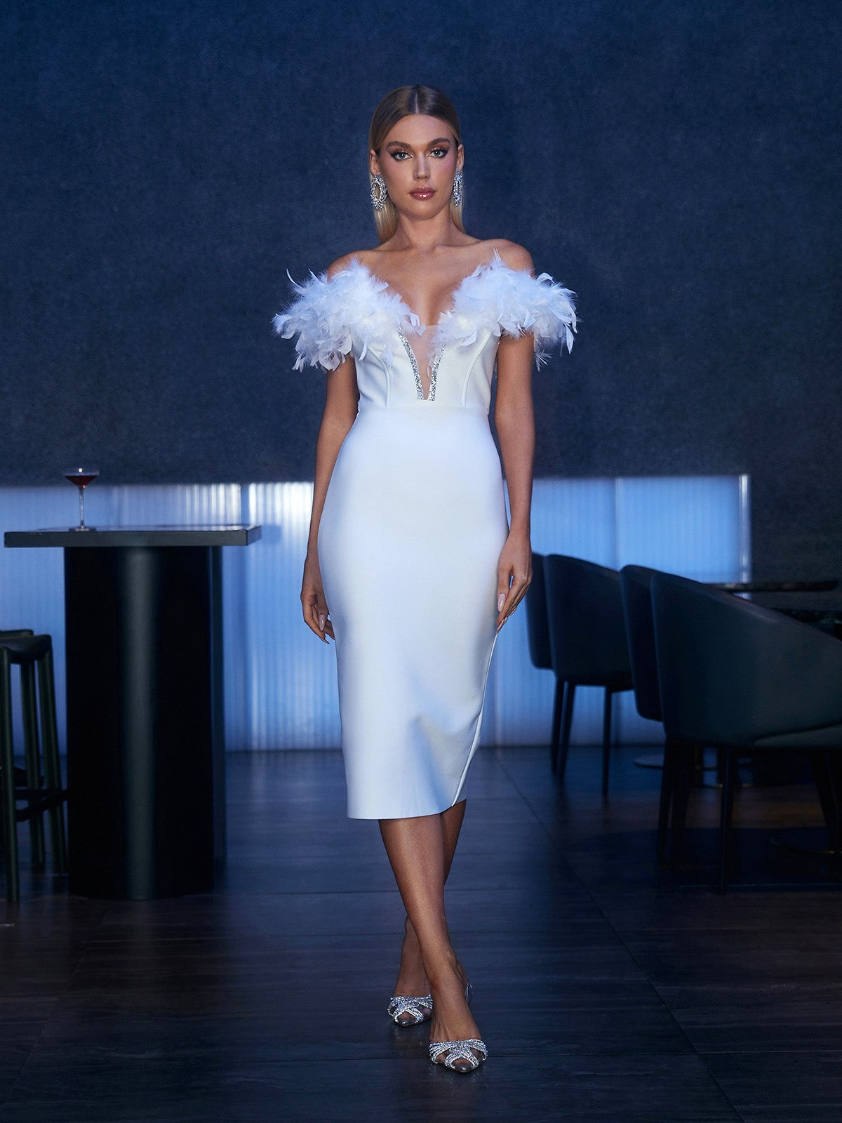 Major Off Shoulder Feather Bandage Dress In White - View 2