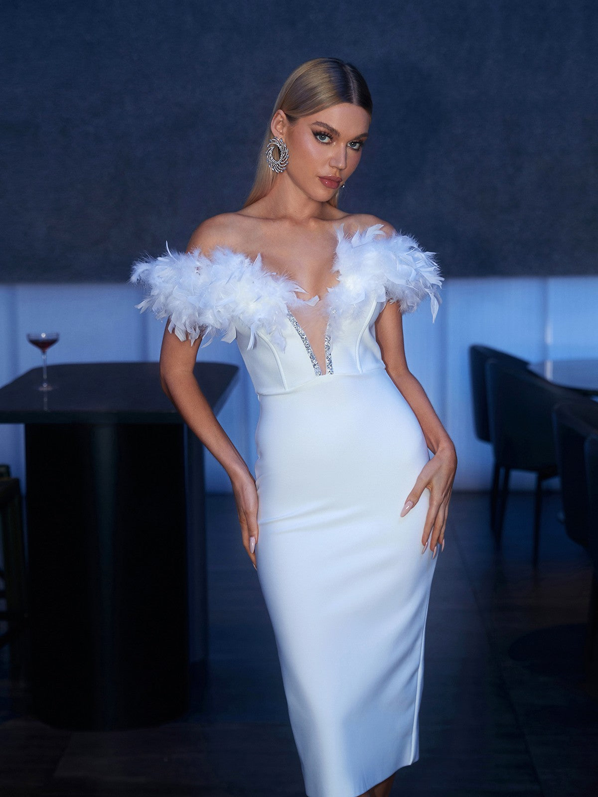 Major Off Shoulder Feather Bandage Dress In White - View 3