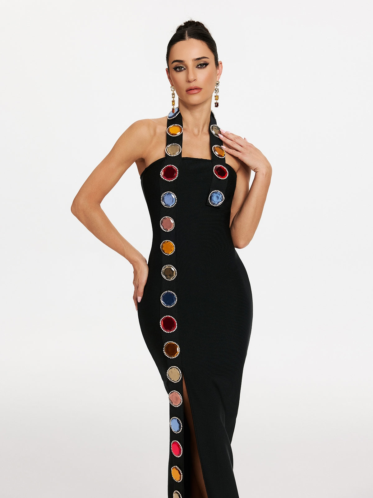 Halter Neck Cabochon Stone Trim High Split Bandage Maxi Dress