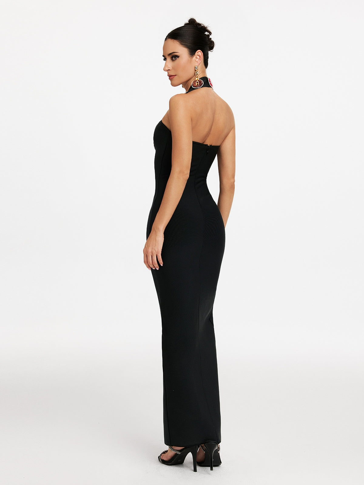 Halter Neck Cabochon Stone Trim High Split Bandage Maxi Dress - View 6