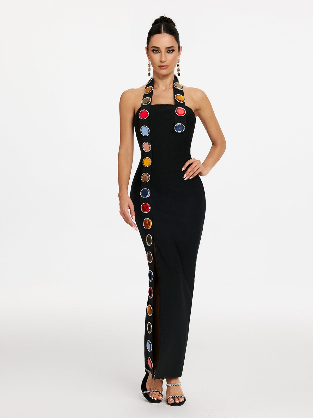 Halter Neck Cabochon Stone Trim High Split Bandage Maxi Dress - View 5