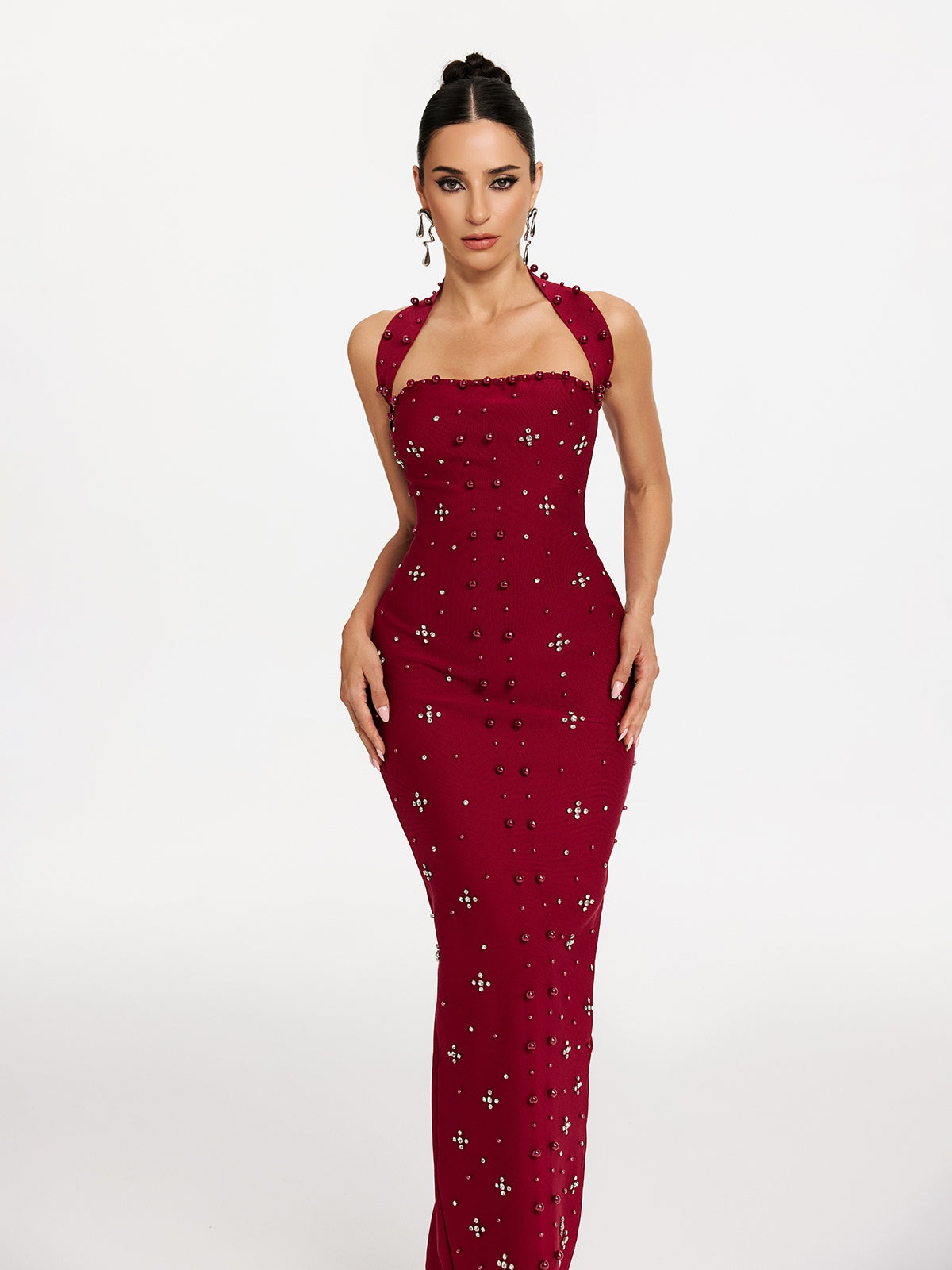 Halter Neck Pearl Rhinestone Bandage Mermaid Maxi Gown - View 3