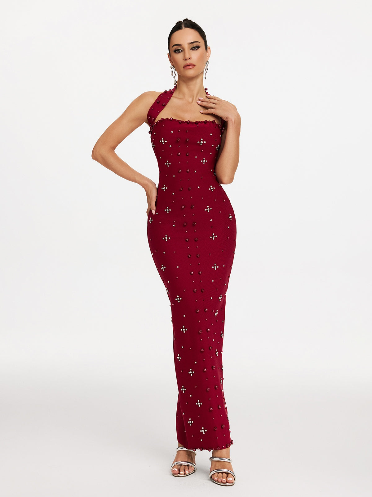 Halter Neck Pearl Rhinestone Bandage Mermaid Maxi Gown - View 2