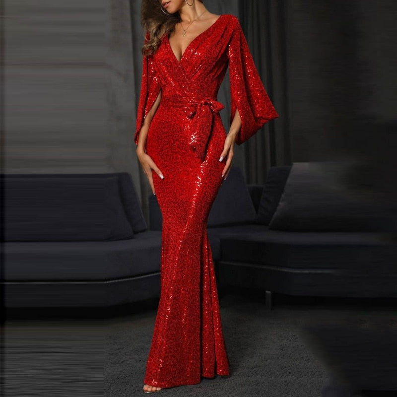 Sequin Deep V-Neck Split Sleeve Belted Mermaid Gown - View 3