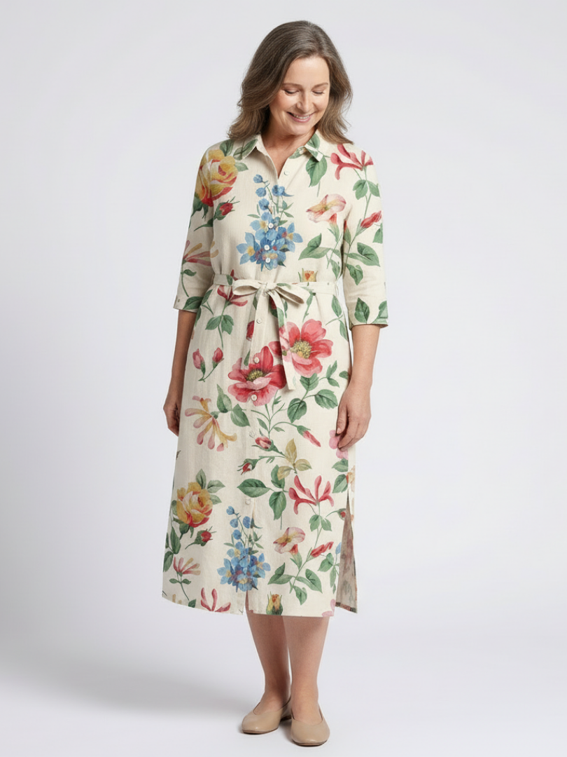 Floral Collared Long Sleeve Belted Side Split Shirt Midi Dress 2