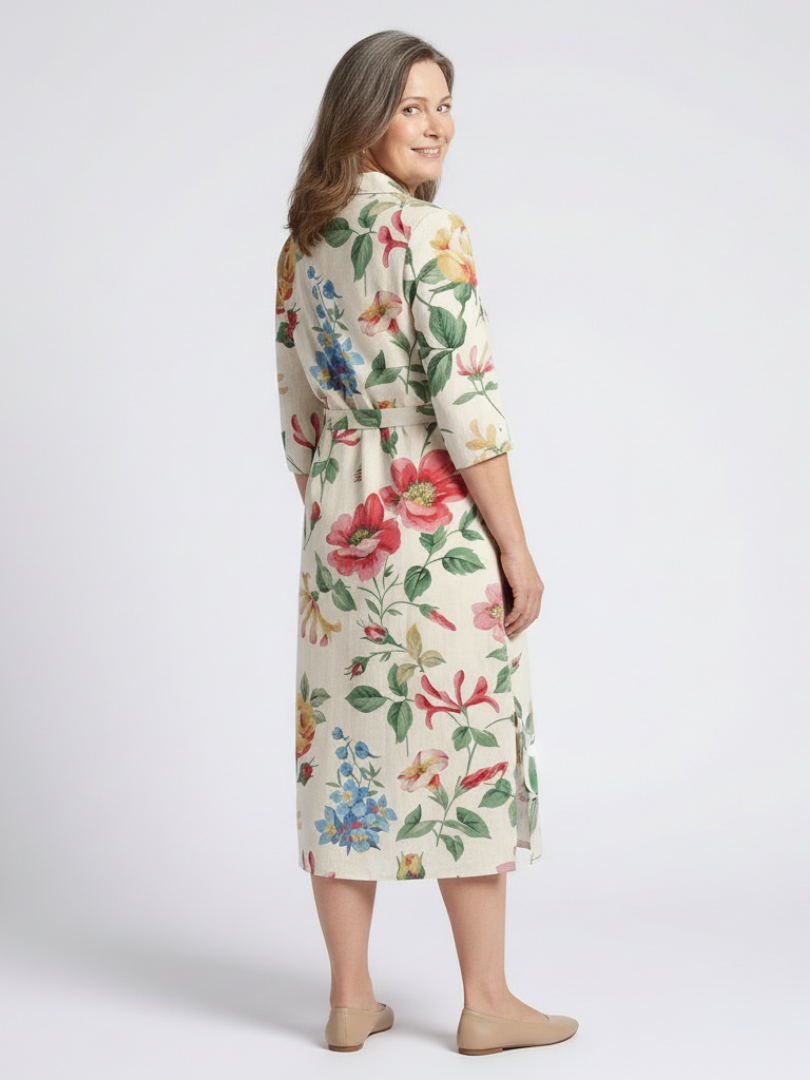 Floral Collared Long Sleeve Belted Side Split Shirt Midi Dress 3