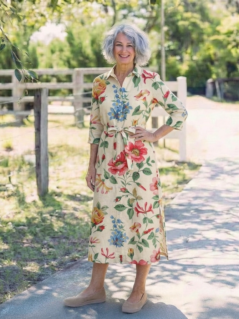 Floral Collared Long Sleeve Belted Side Split Shirt Midi Dress 4