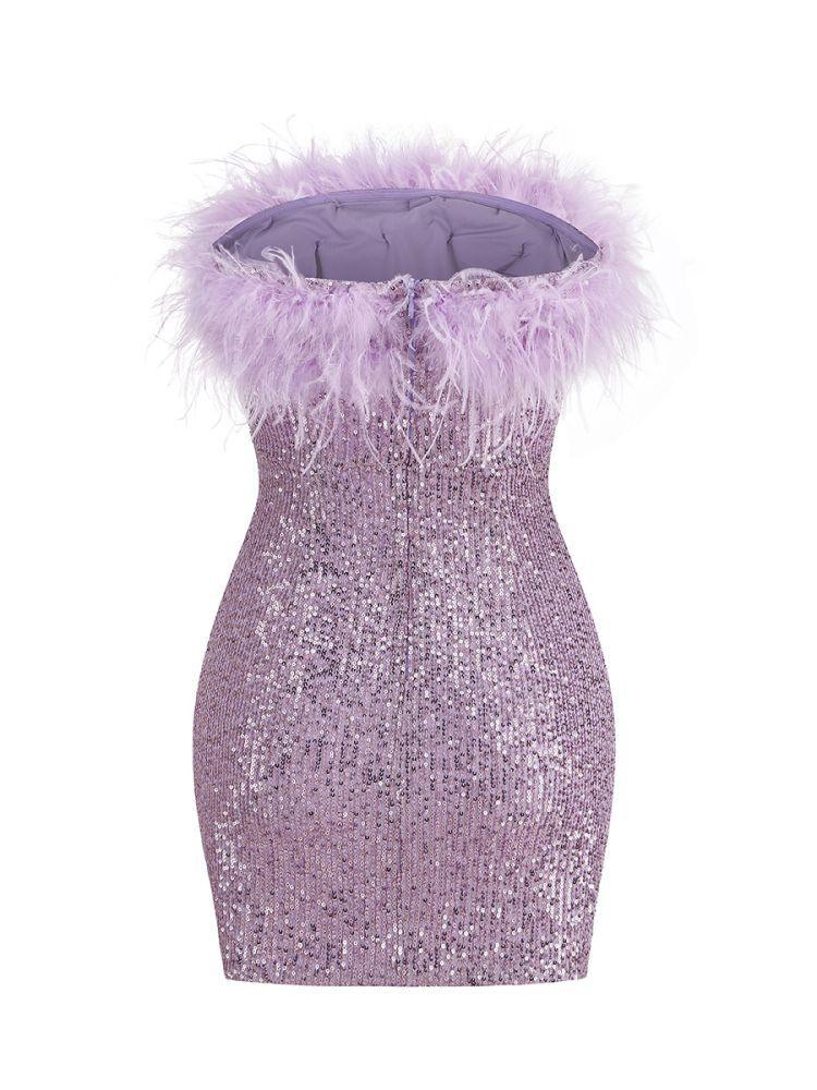 Sequin Strapless Marabou Feather Trim Bodycon Mini Dress - View 8