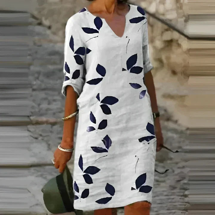 Leaf Print V-Neck Three Quarter Sleeve Pocket Shift Midi Summer Dress