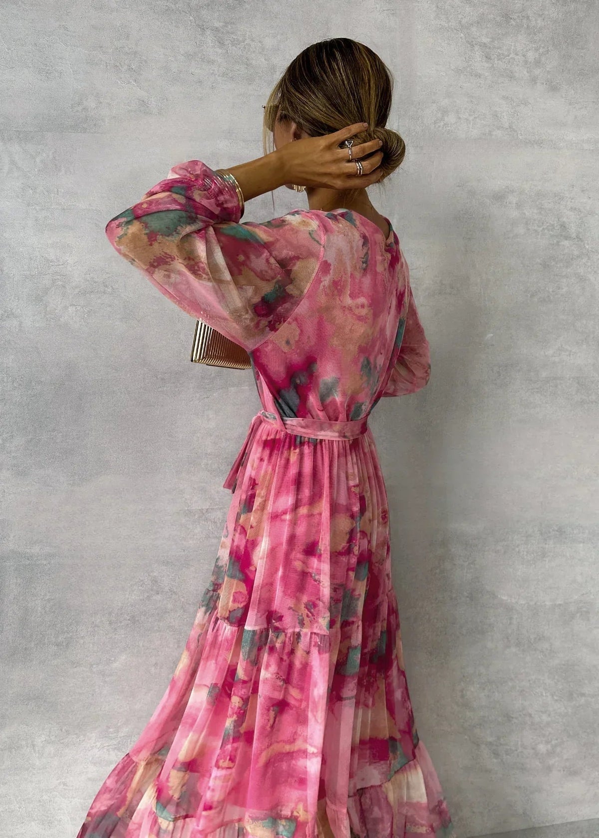 Watercolor Floral Wrap Long Sleeve Tiered Belted Maxi Dress 4