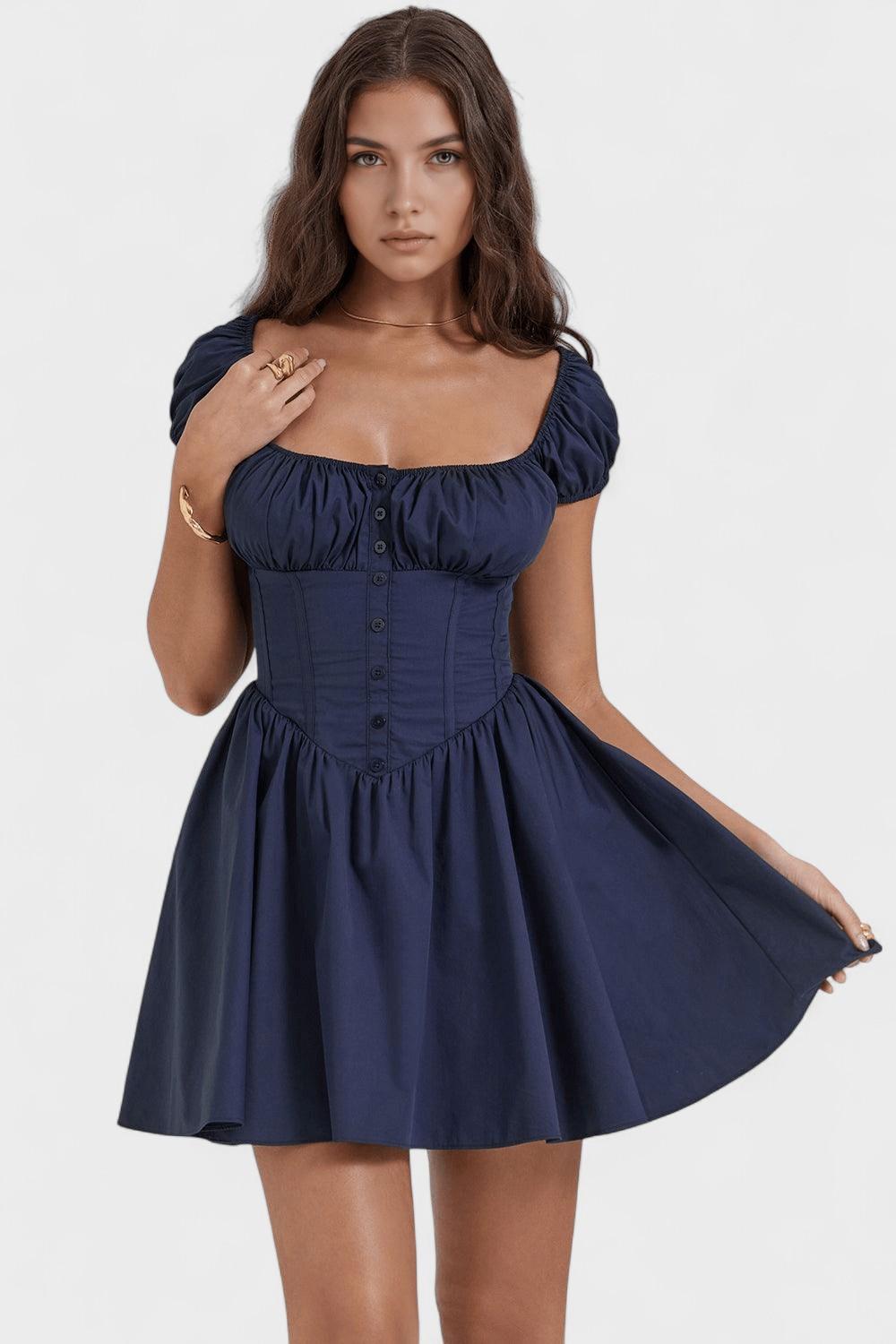 Square Neck Puff Sleeve Corset Button Front Mini Dress 2