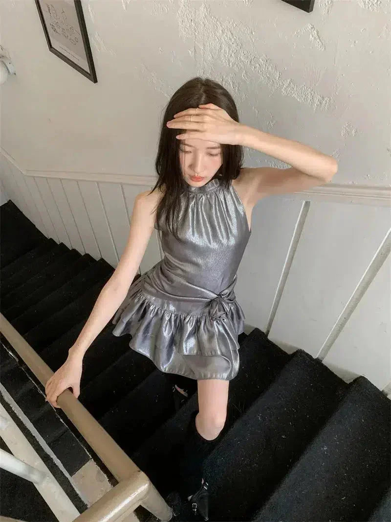 Metallic Halter Neck Sleeveless Rosette Tiered Ruffle Mini Party Dress - View 5