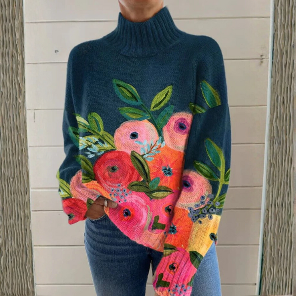 Turtleneck Long Sleeve Floral Print Knit Sweater