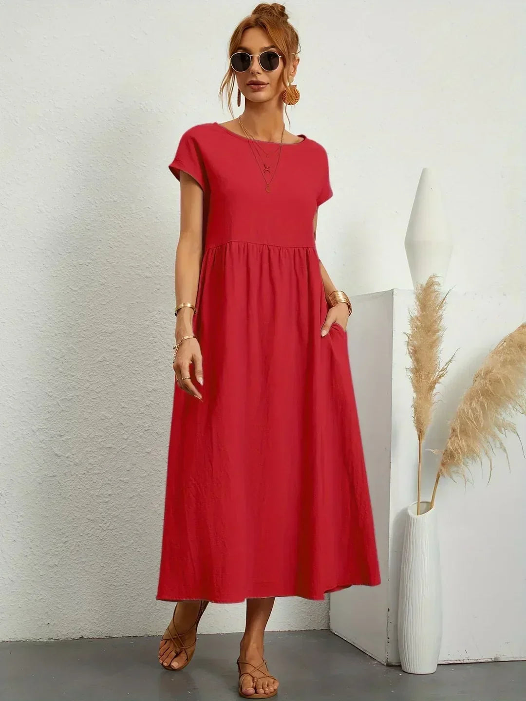 Round Neck Cap Sleeve Babydoll Midi Dress 9