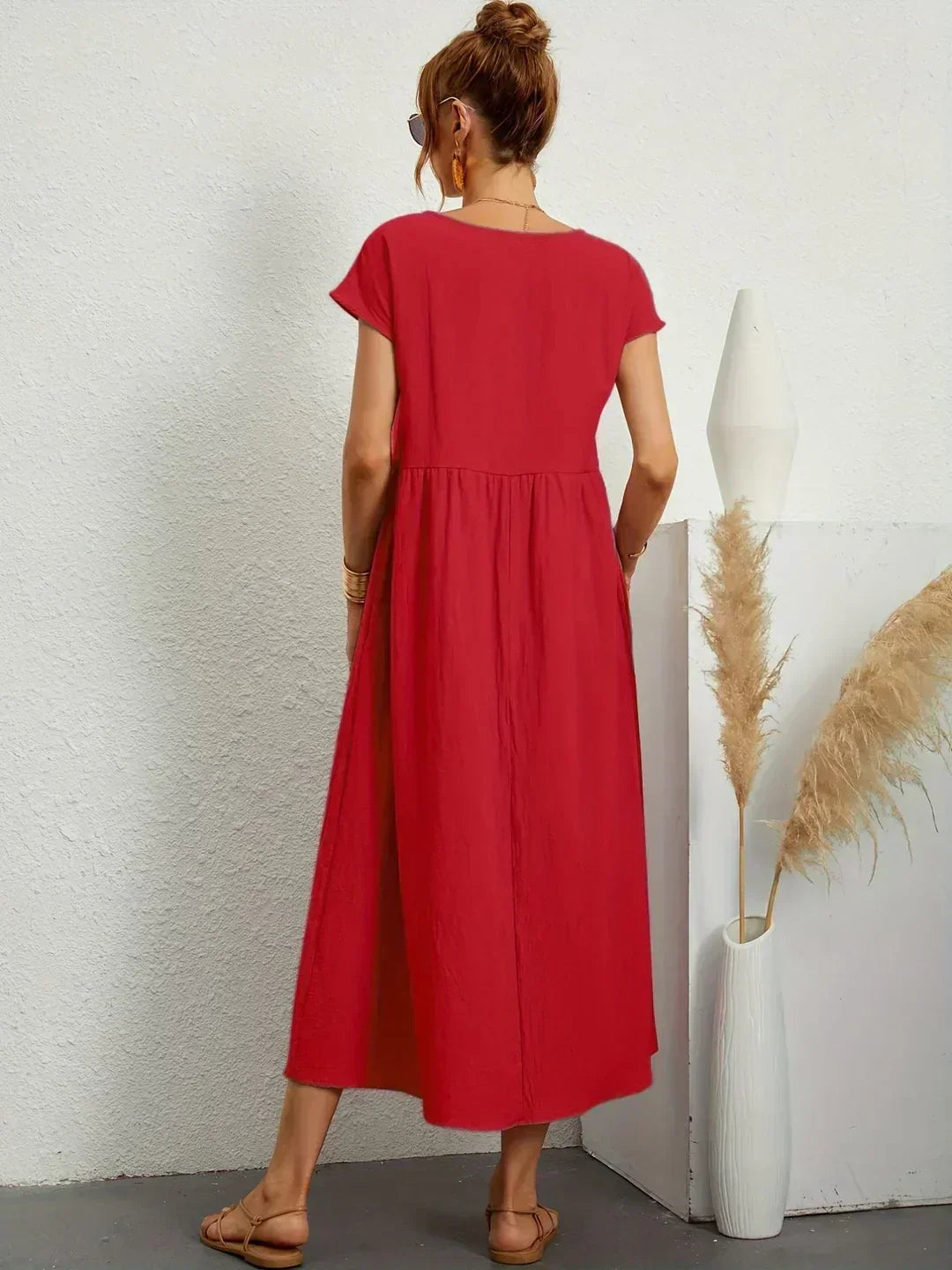 Round Neck Cap Sleeve Pocket A-Line Midi Dress 29