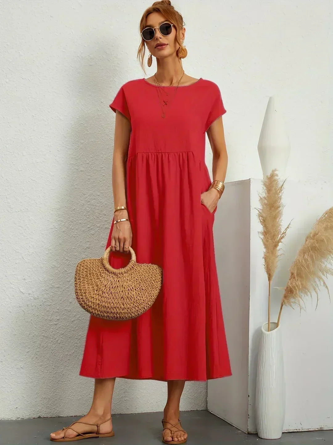 Round Neck Cap Sleeve Pocket A-Line Midi Dress 26