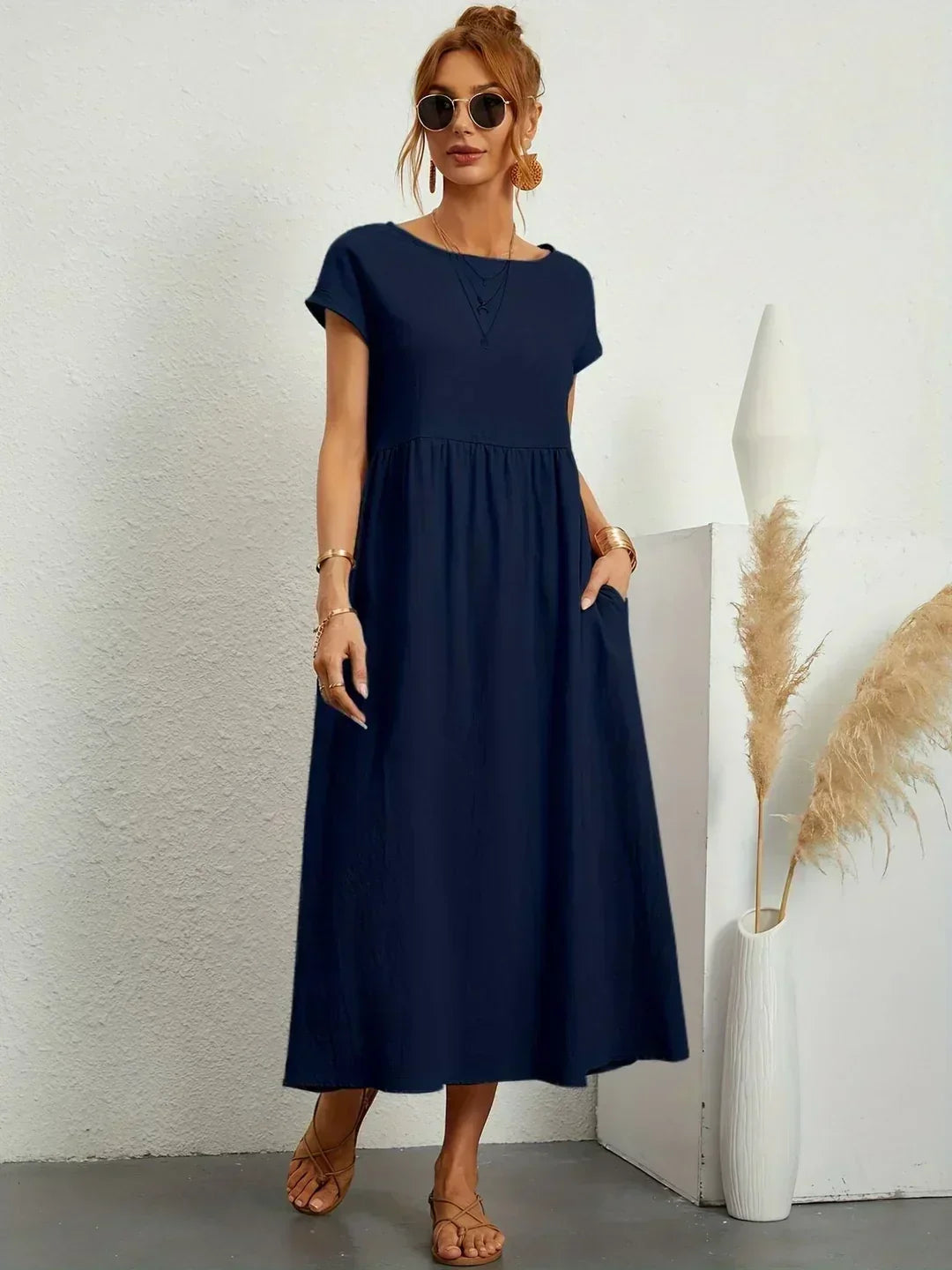 Round Neck Cap Sleeve Babydoll Midi Dress 3