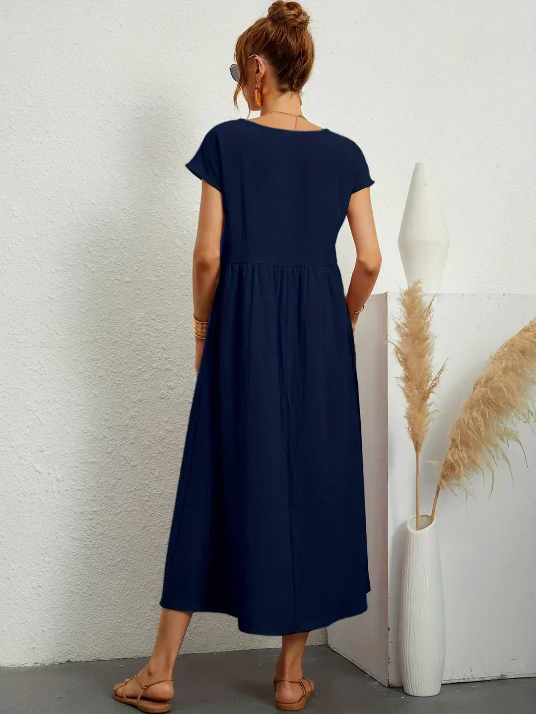 Round Neck Cap Sleeve Pocket A-Line Midi Dress 14