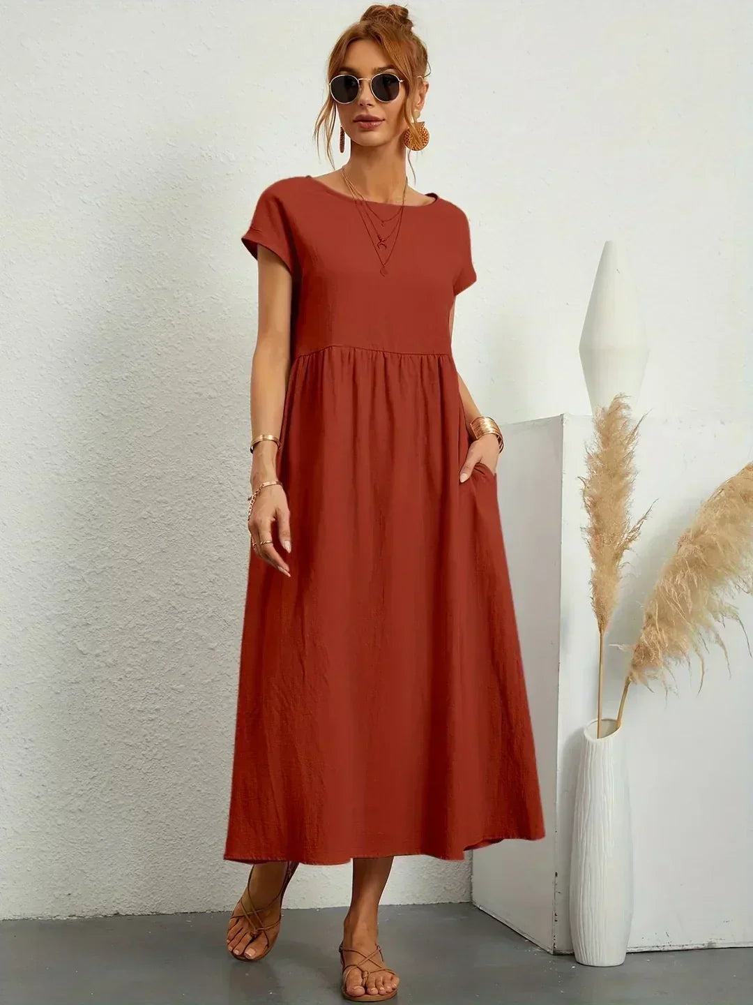Round Neck Cap Sleeve Pocket A-Line Midi Dress 31