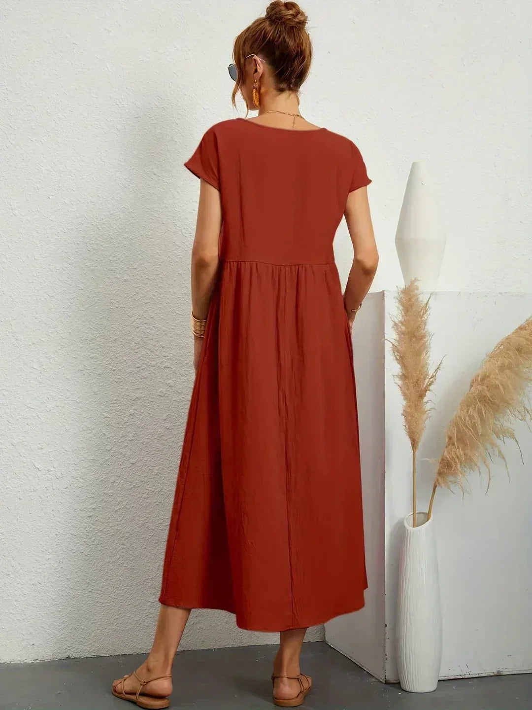Round Neck Cap Sleeve Pocket A-Line Midi Dress 30