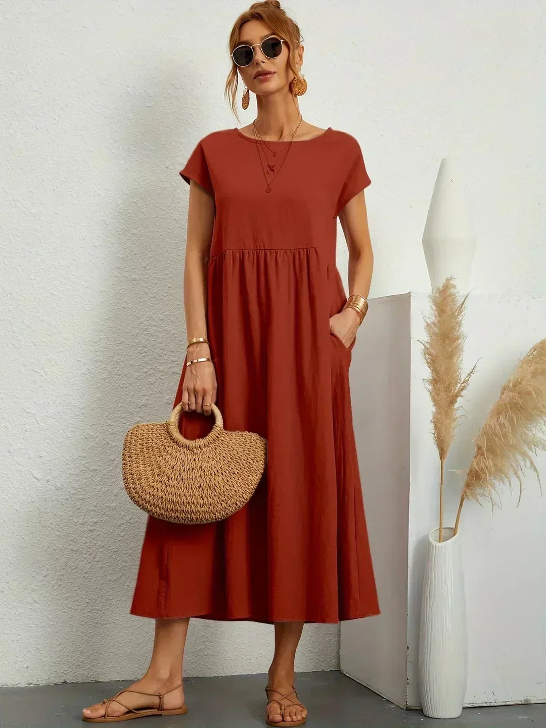 Round Neck Cap Sleeve Pocket A-Line Midi Dress 11