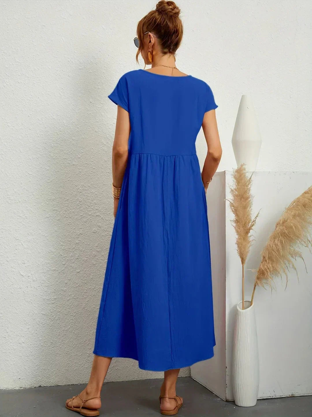 Round Neck Cap Sleeve Pocket A-Line Midi Dress 22