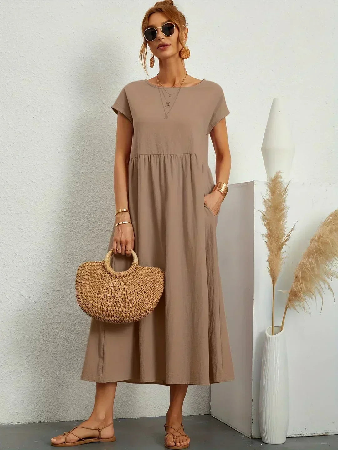 Round Neck Cap Sleeve Pocket A-Line Midi Dress 8