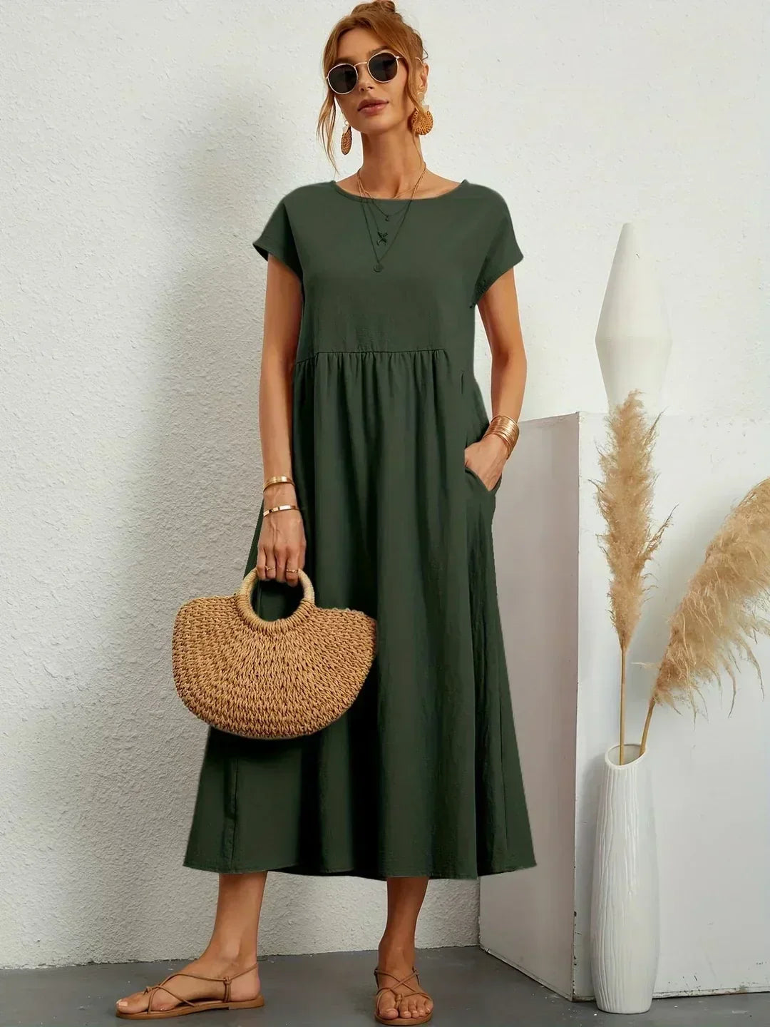 Round Neck Cap Sleeve Babydoll Midi Dress 4