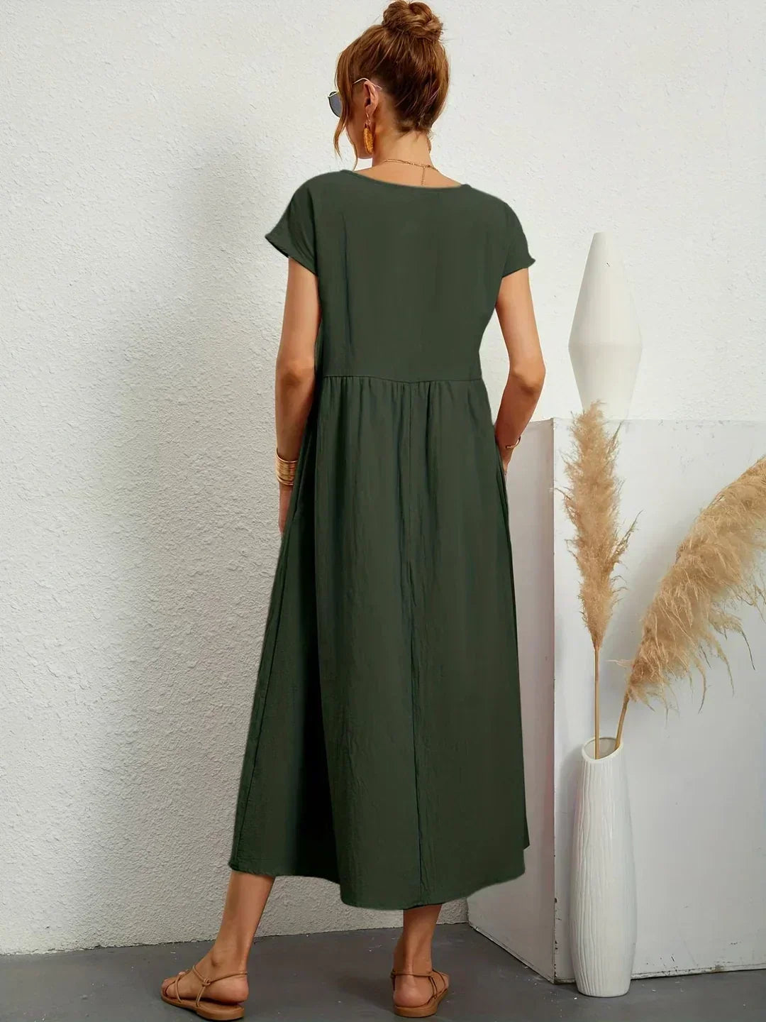 Round Neck Cap Sleeve Babydoll Midi Dress 16