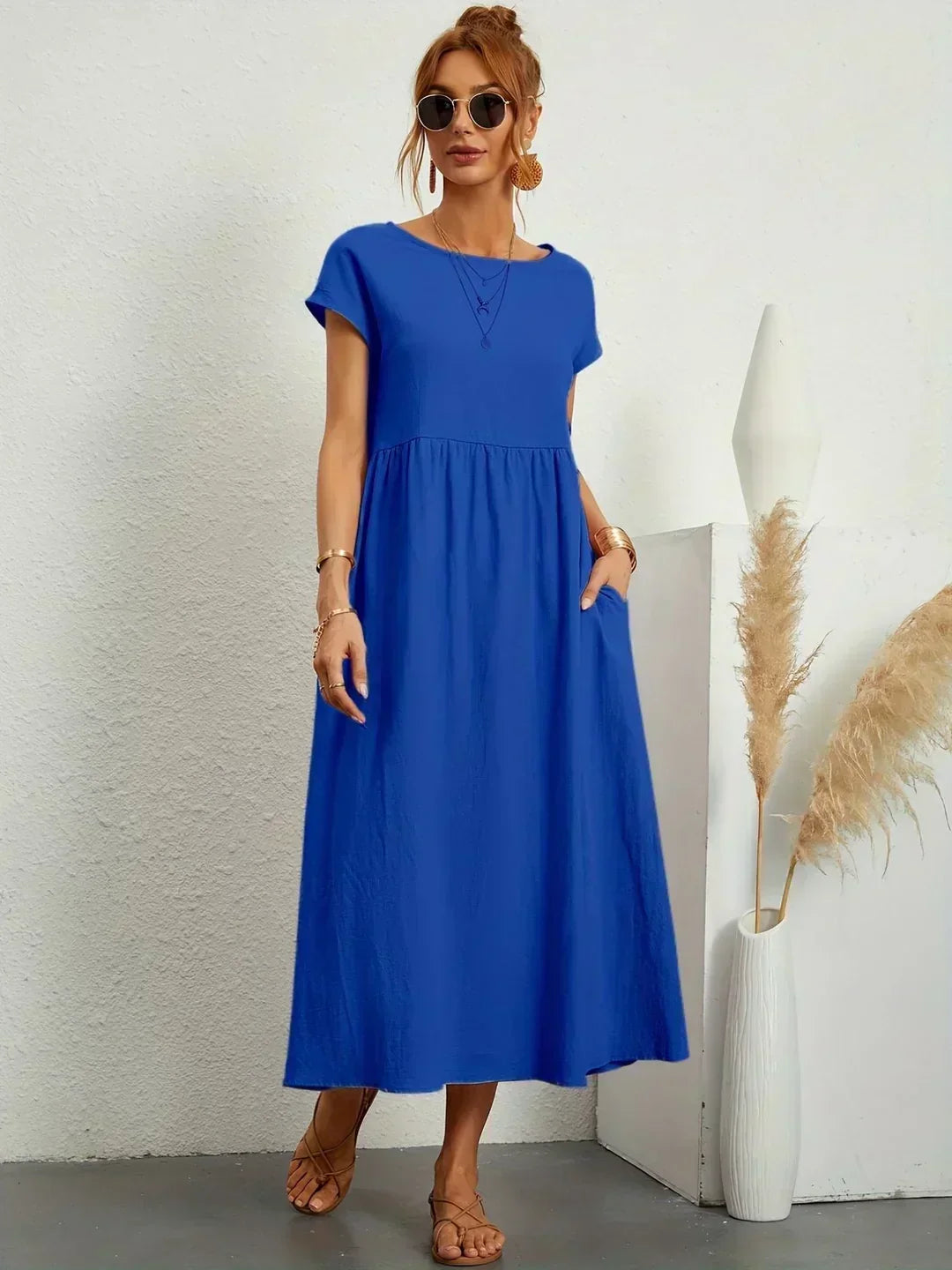 Round Neck Cap Sleeve Pocket A-Line Midi Dress 7