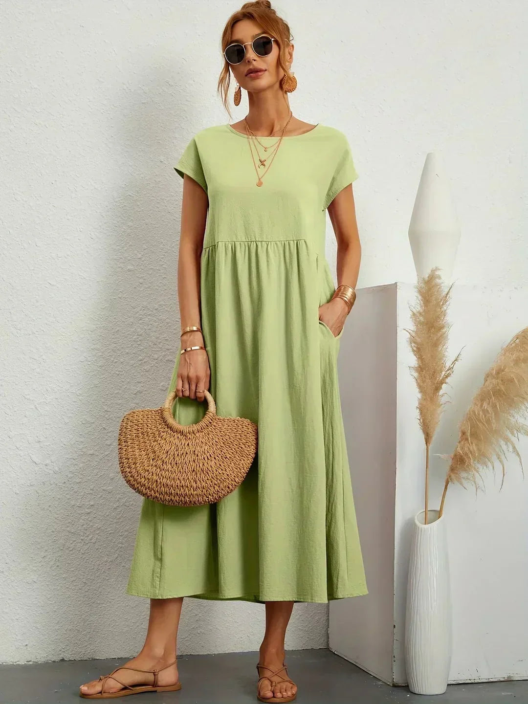 Round Neck Cap Sleeve Babydoll Midi Dress 6