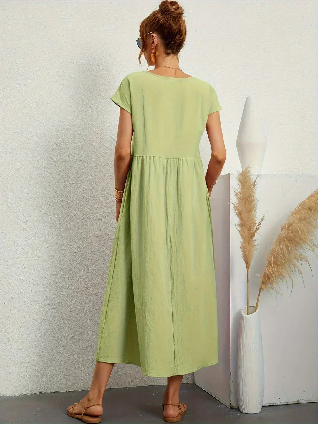 Round Neck Cap Sleeve Pocket A-Line Midi Dress 20