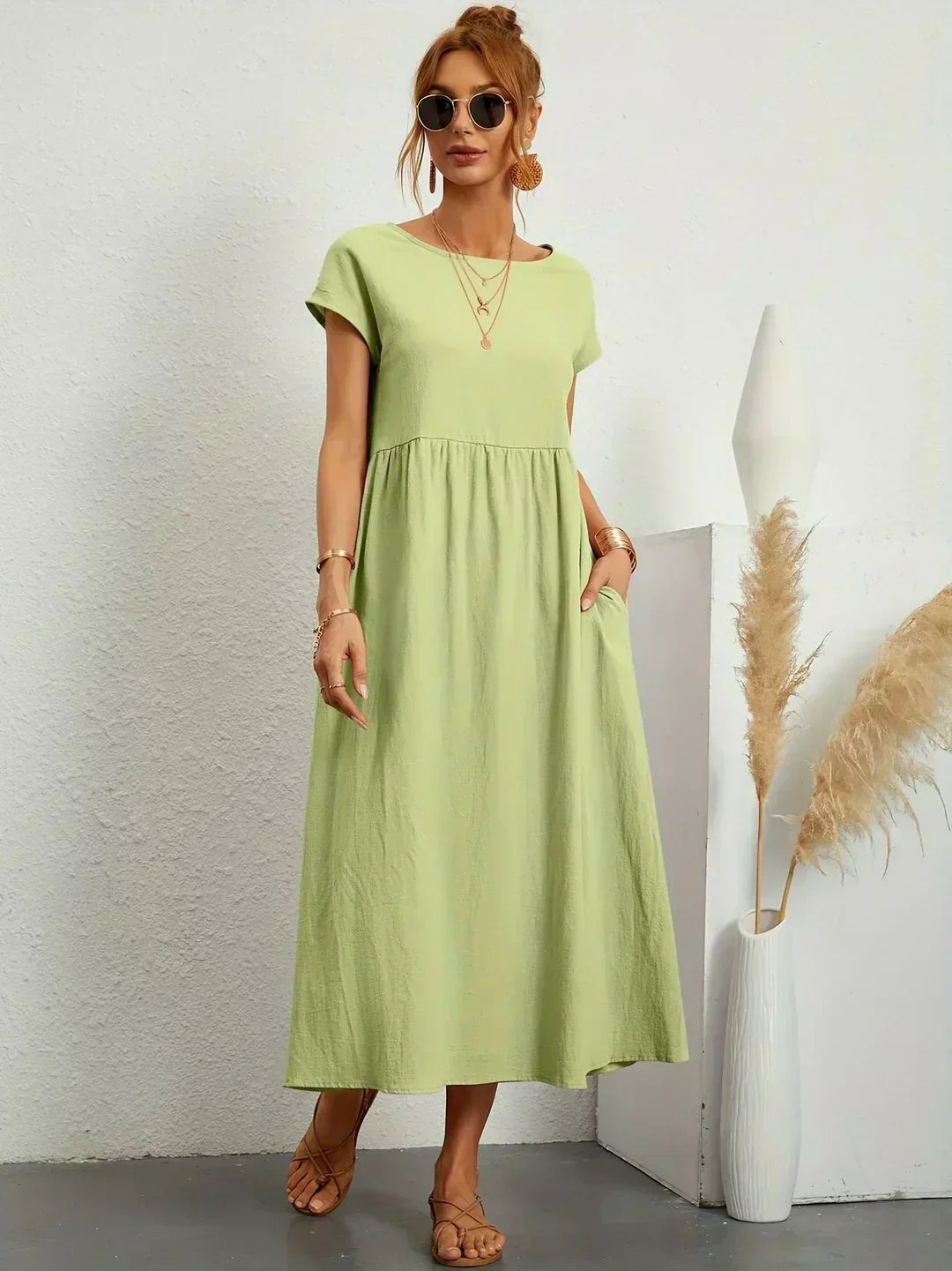Round Neck Cap Sleeve Babydoll Midi Dress 10