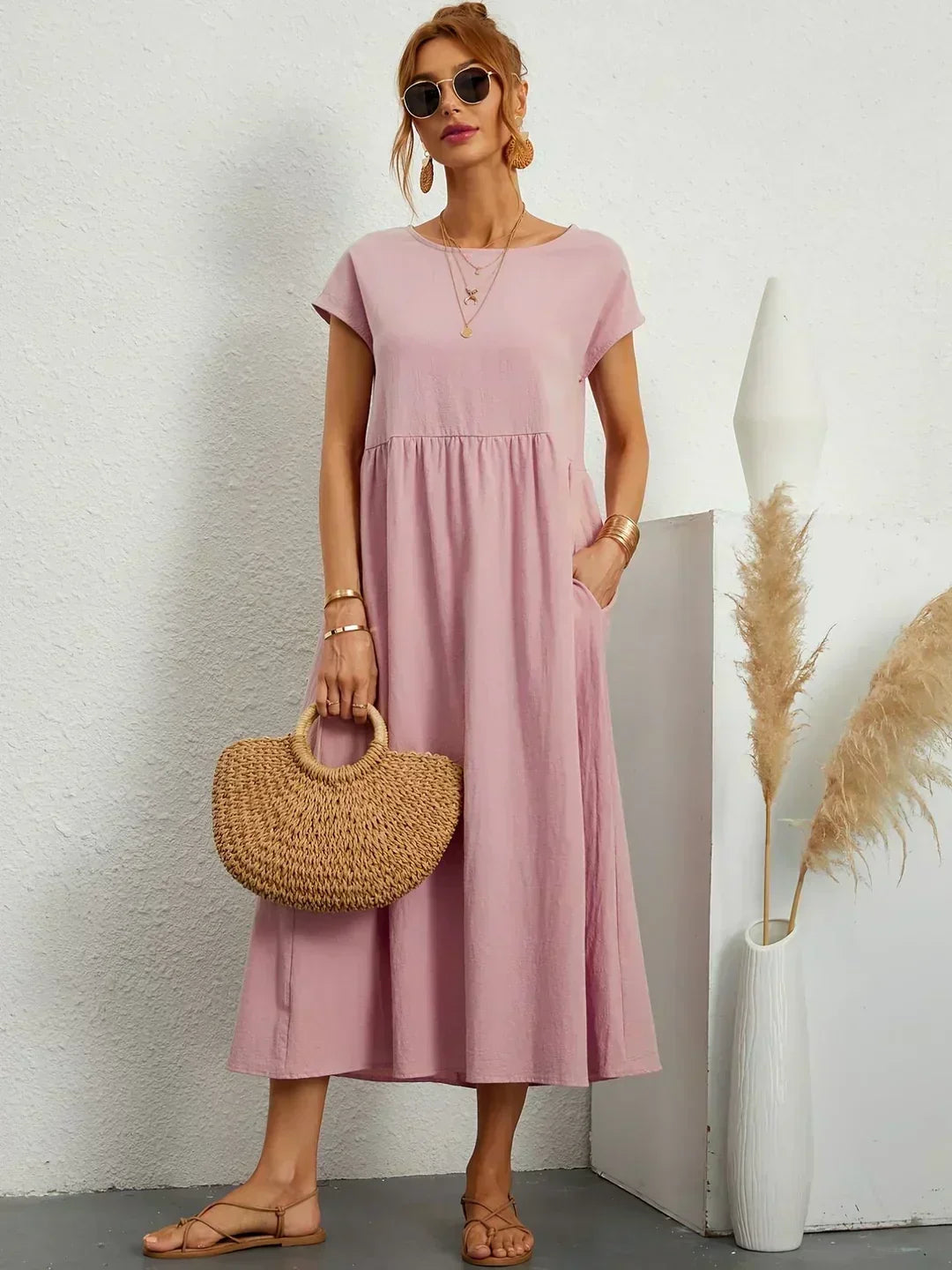 Round Neck Cap Sleeve Pocket A-Line Midi Dress 10