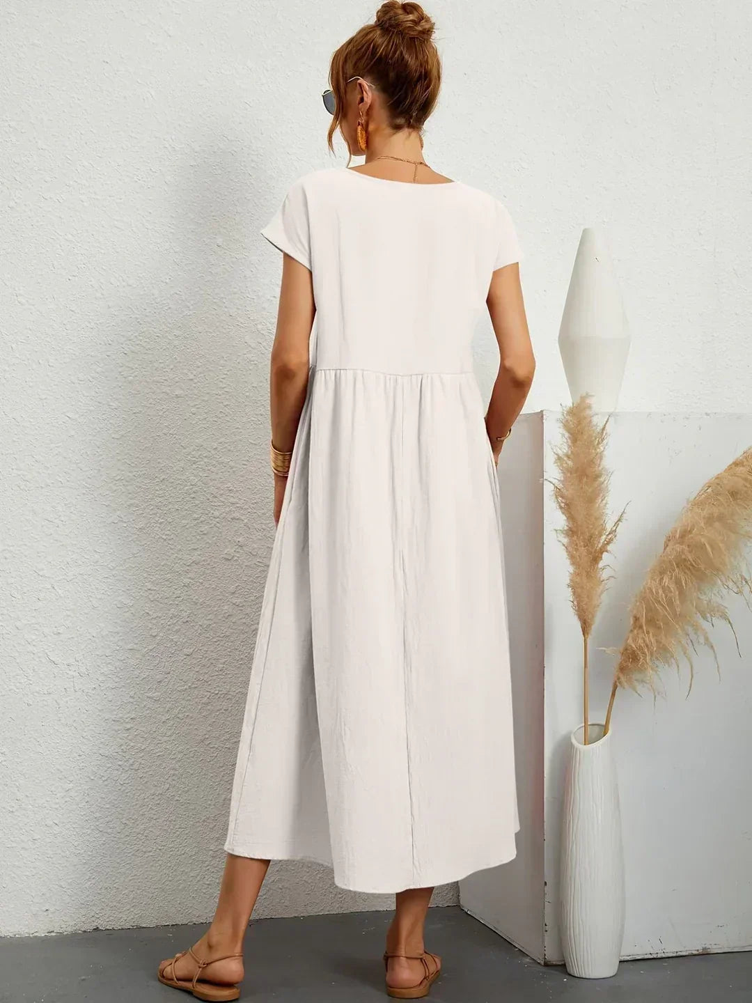 Round Neck Cap Sleeve Babydoll Midi Dress 12