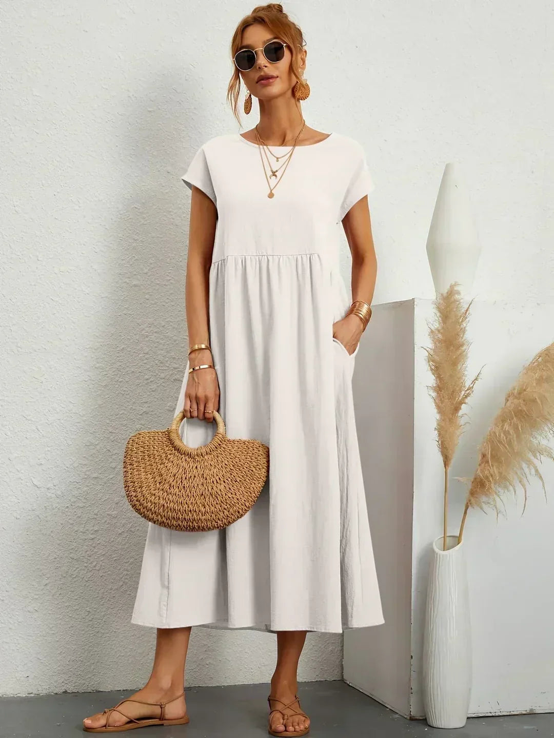 Round Neck Cap Sleeve Pocket A-Line Midi Dress 2